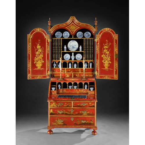 A GEORGE I PERIOD SCARLET AND GILT JAPANNED BUREAU CABINET
